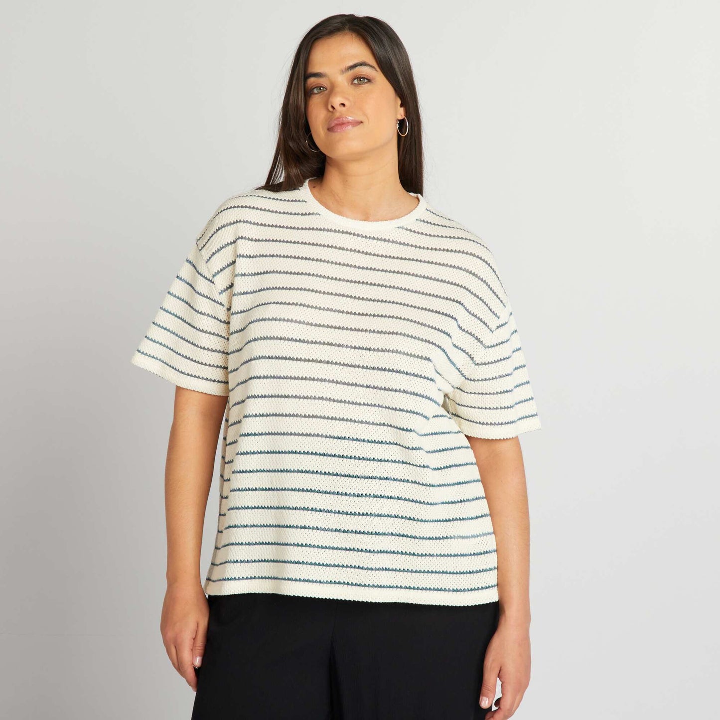 Striped pointelle knit T-shirt BEIGE