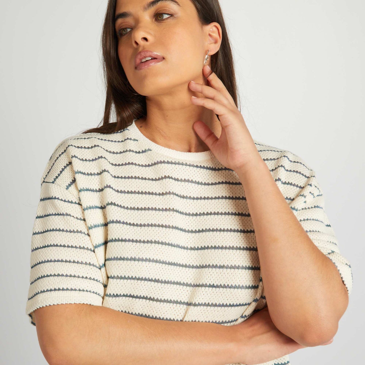 Striped pointelle knit T-shirt BEIGE