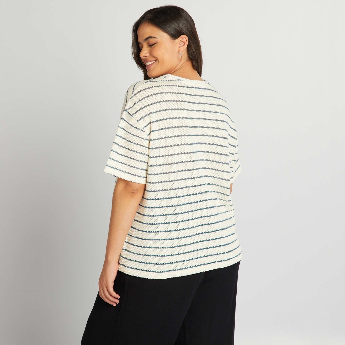 Striped pointelle knit T-shirt BEIGE