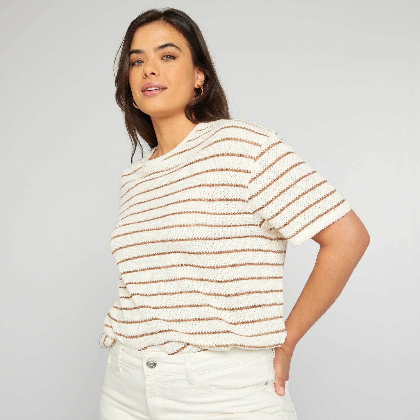 Striped pointelle knit T-shirt BEIGE