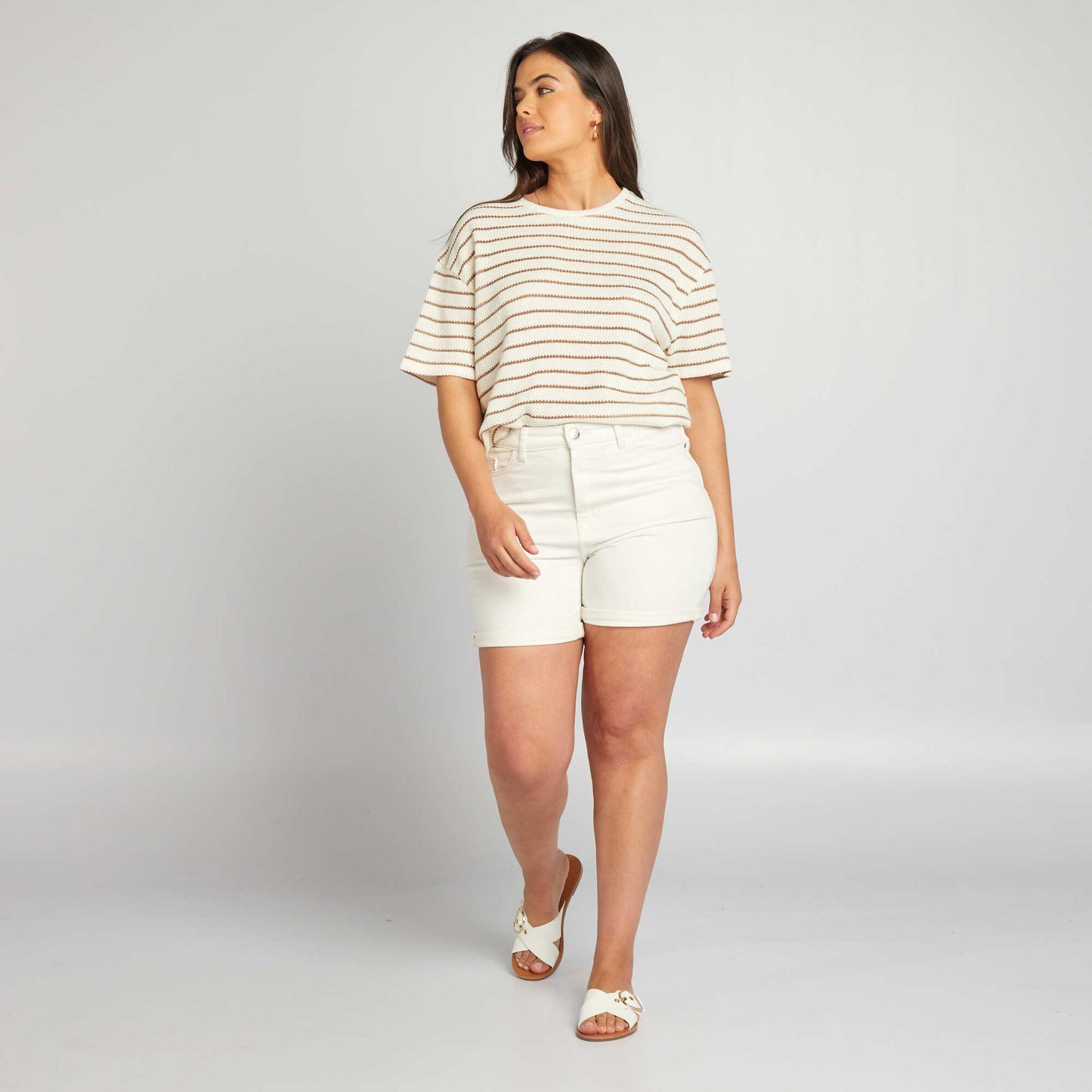 Striped pointelle knit T-shirt BEIGE