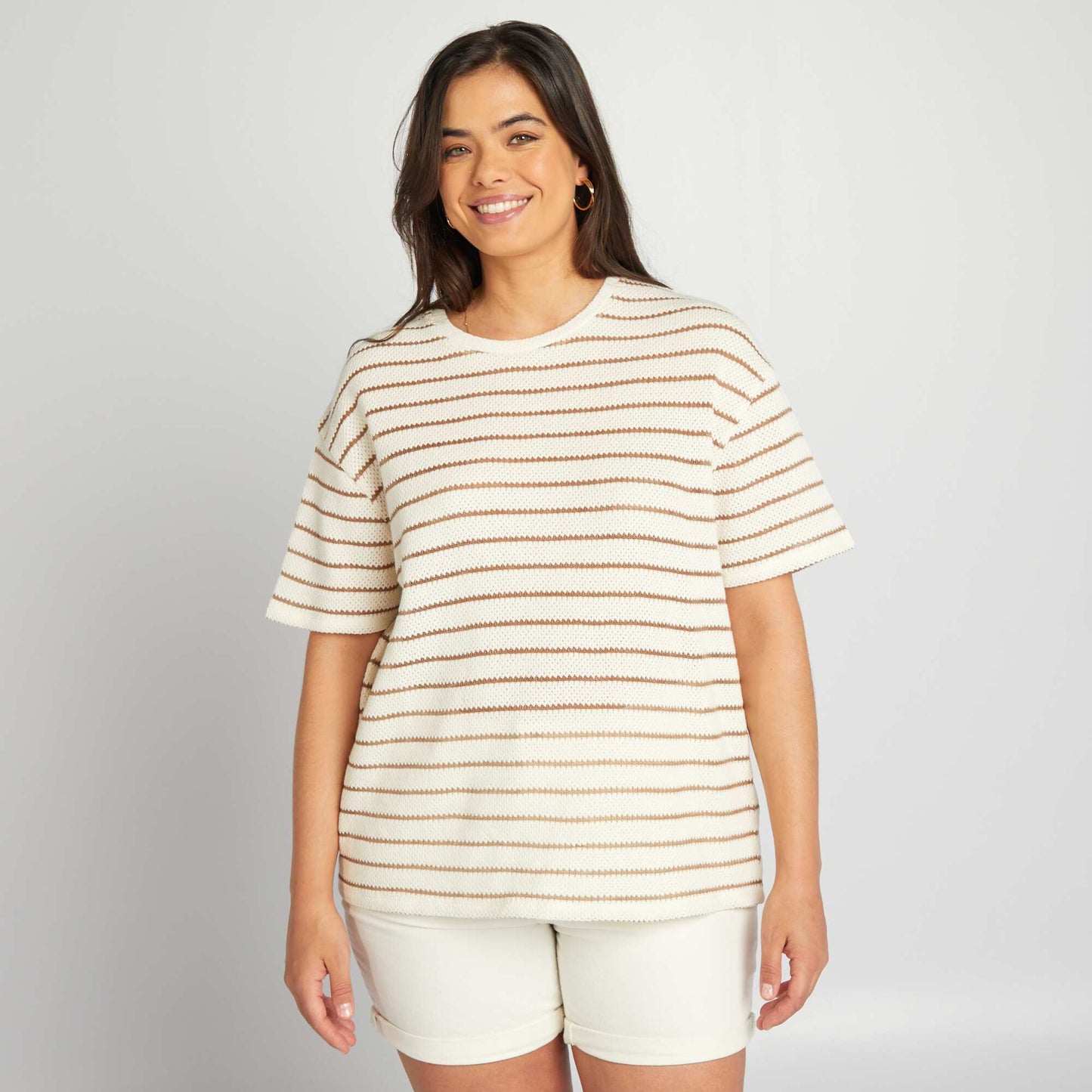 Striped pointelle knit T-shirt BEIGE