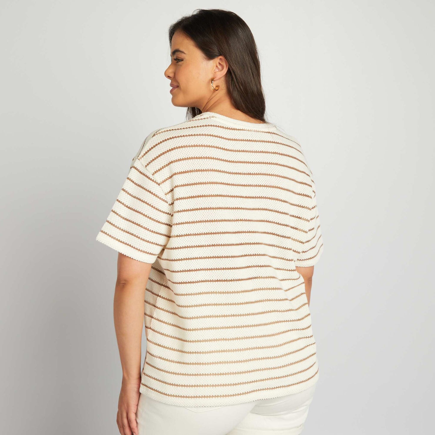 Striped pointelle knit T-shirt BEIGE