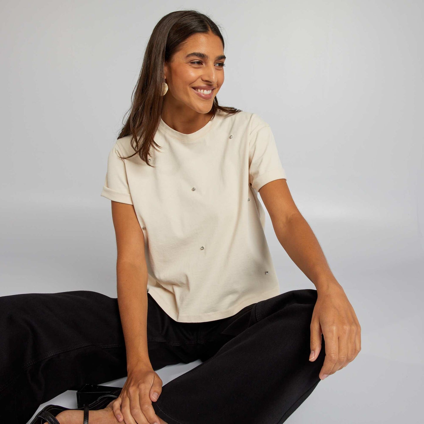 Loose-fit T-shirt with fancy jewels BEIGE