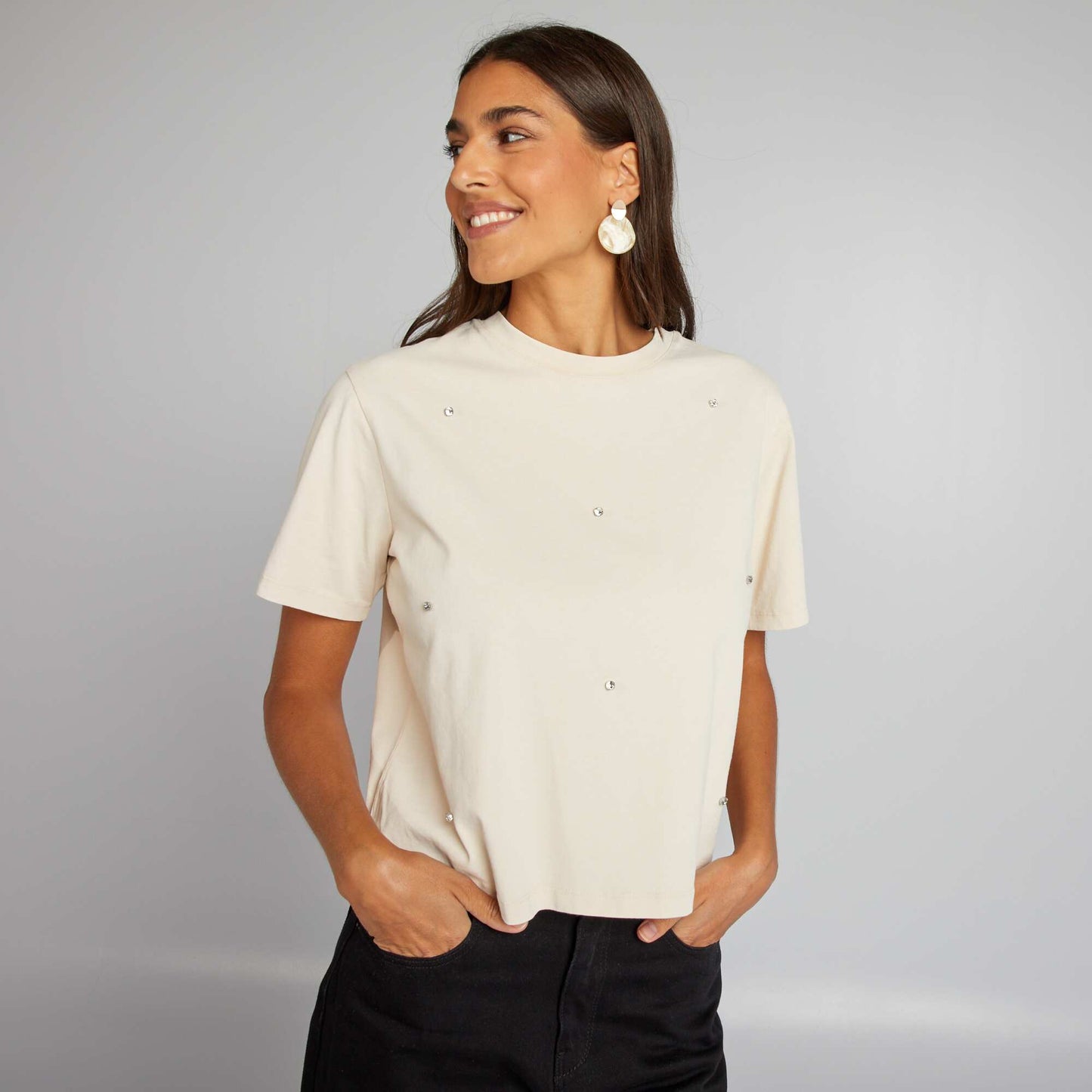 Loose-fit T-shirt with fancy jewels BEIGE