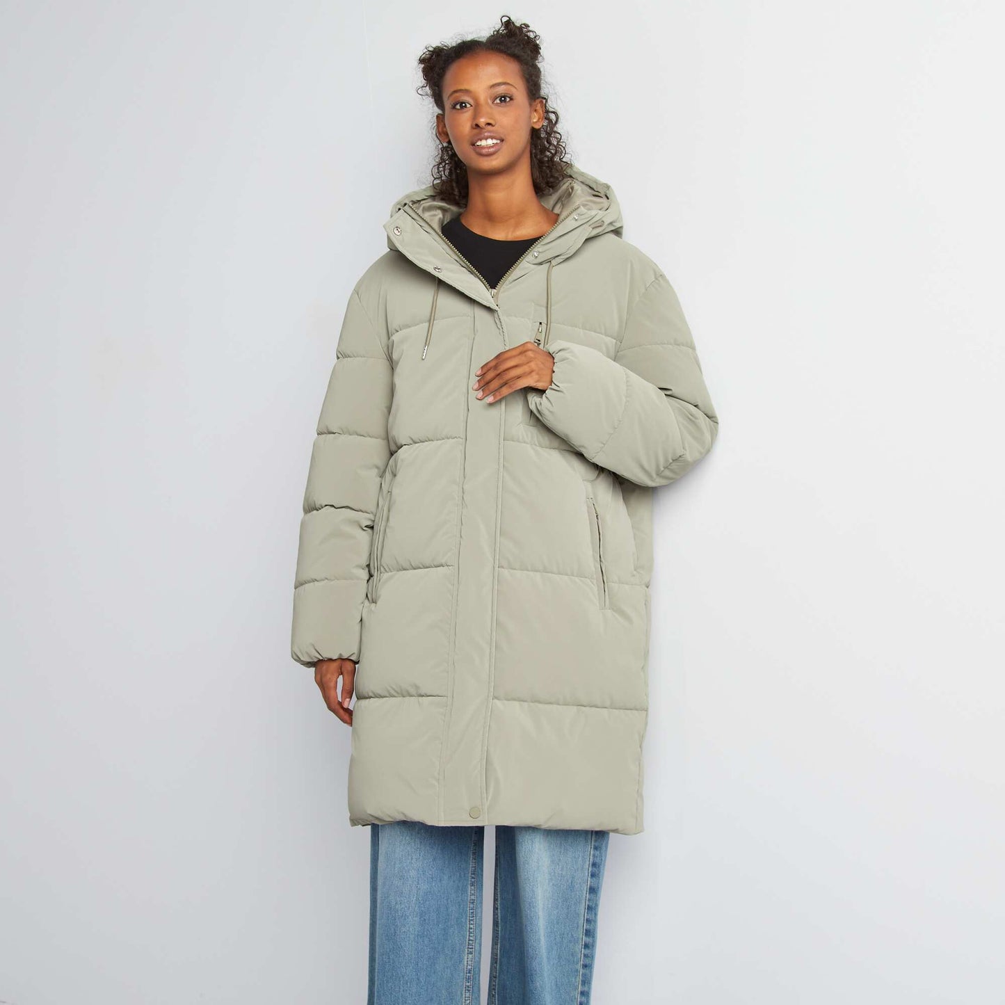 Long hooded padded coat KHAKI