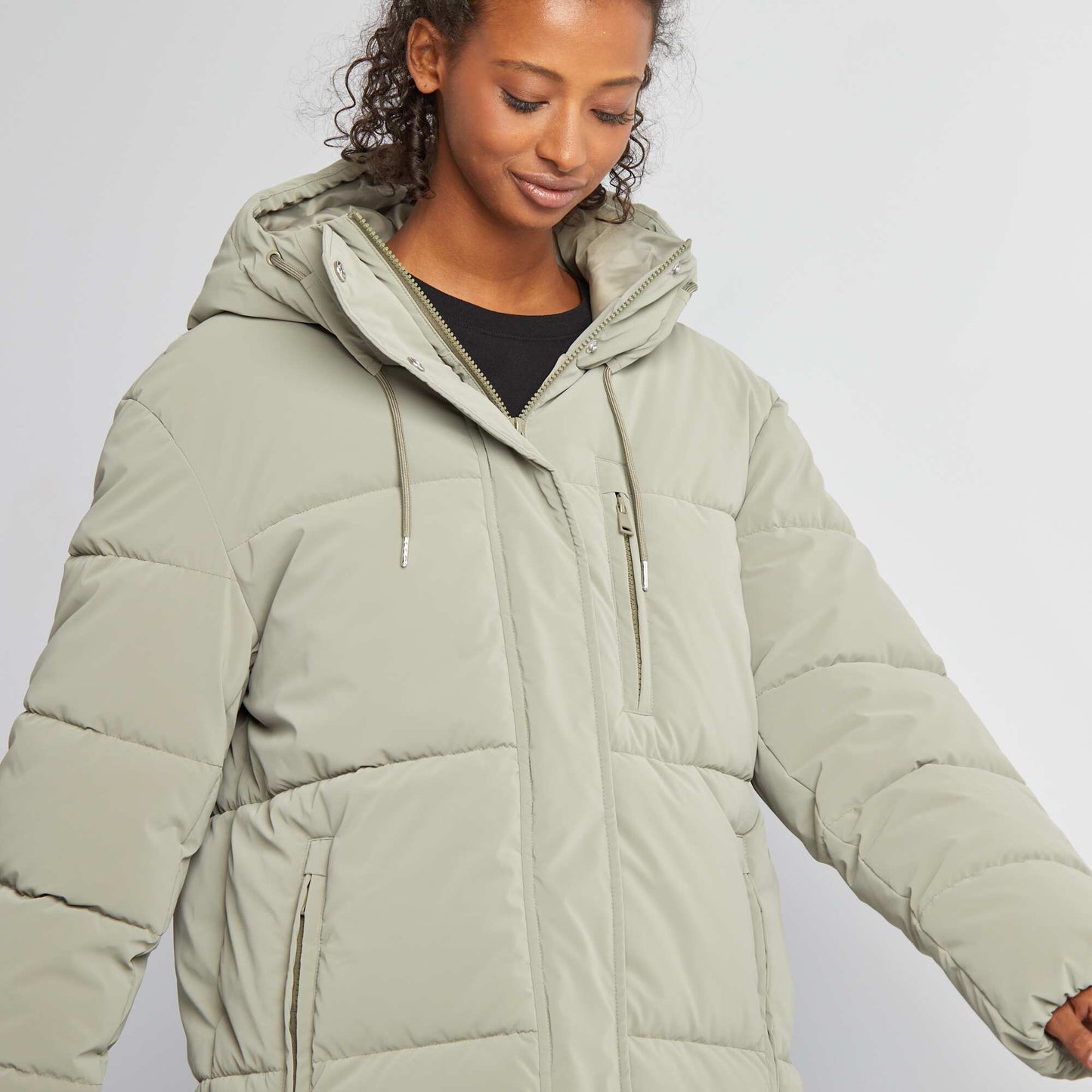 Long hooded padded coat KHAKI