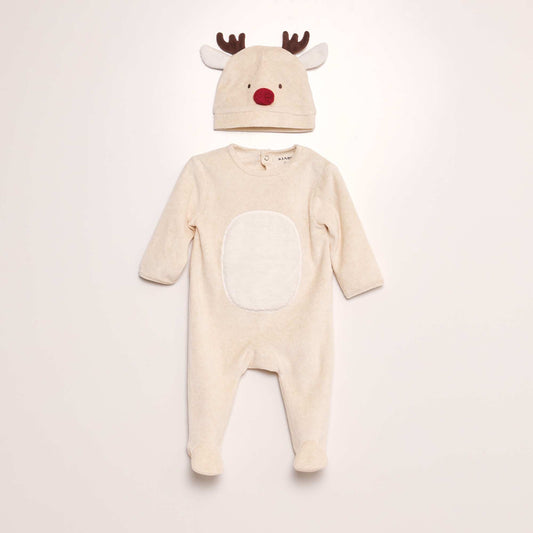 Christmas fleece sleepsuit and hat BEIGE