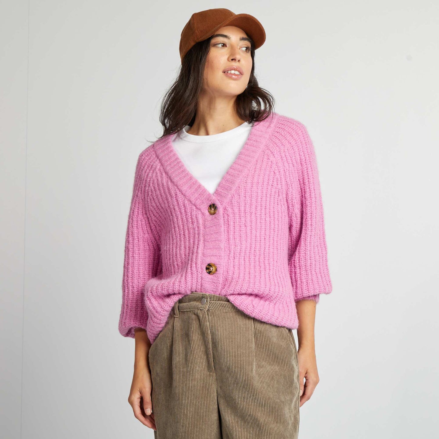 Chunky knit button-up cardigan PINK