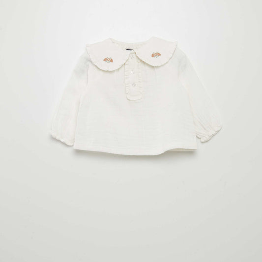 Double cotton gauze blouse with Peter Pan collar WHITE