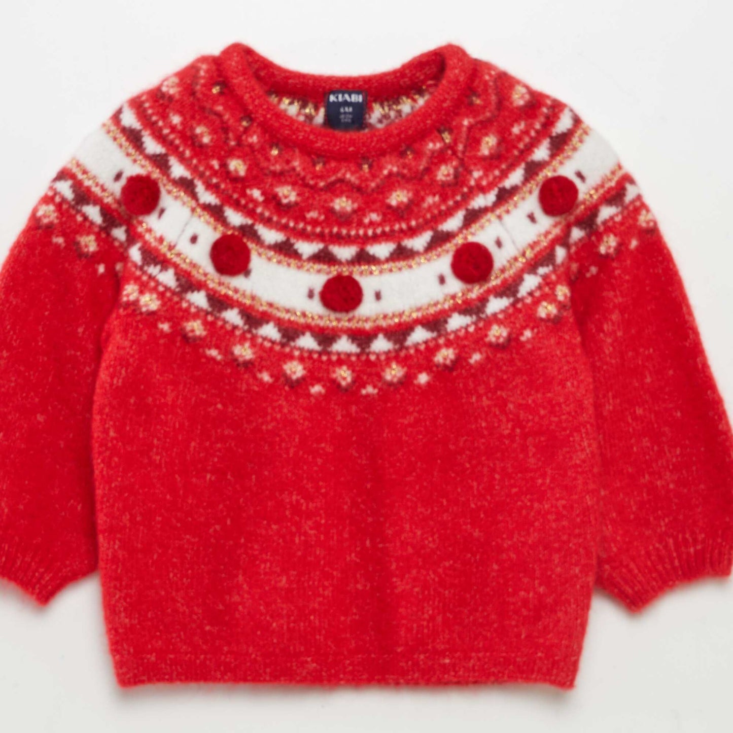 Warm jacquard pattern jumper with pompoms RED