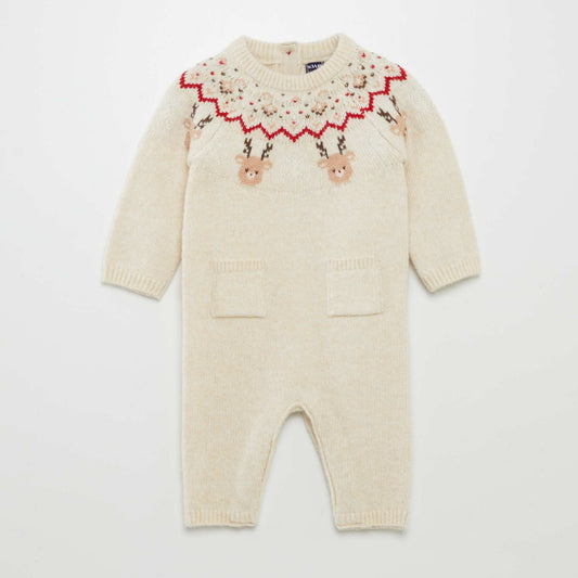 Christmas print knitted romper BEIGE