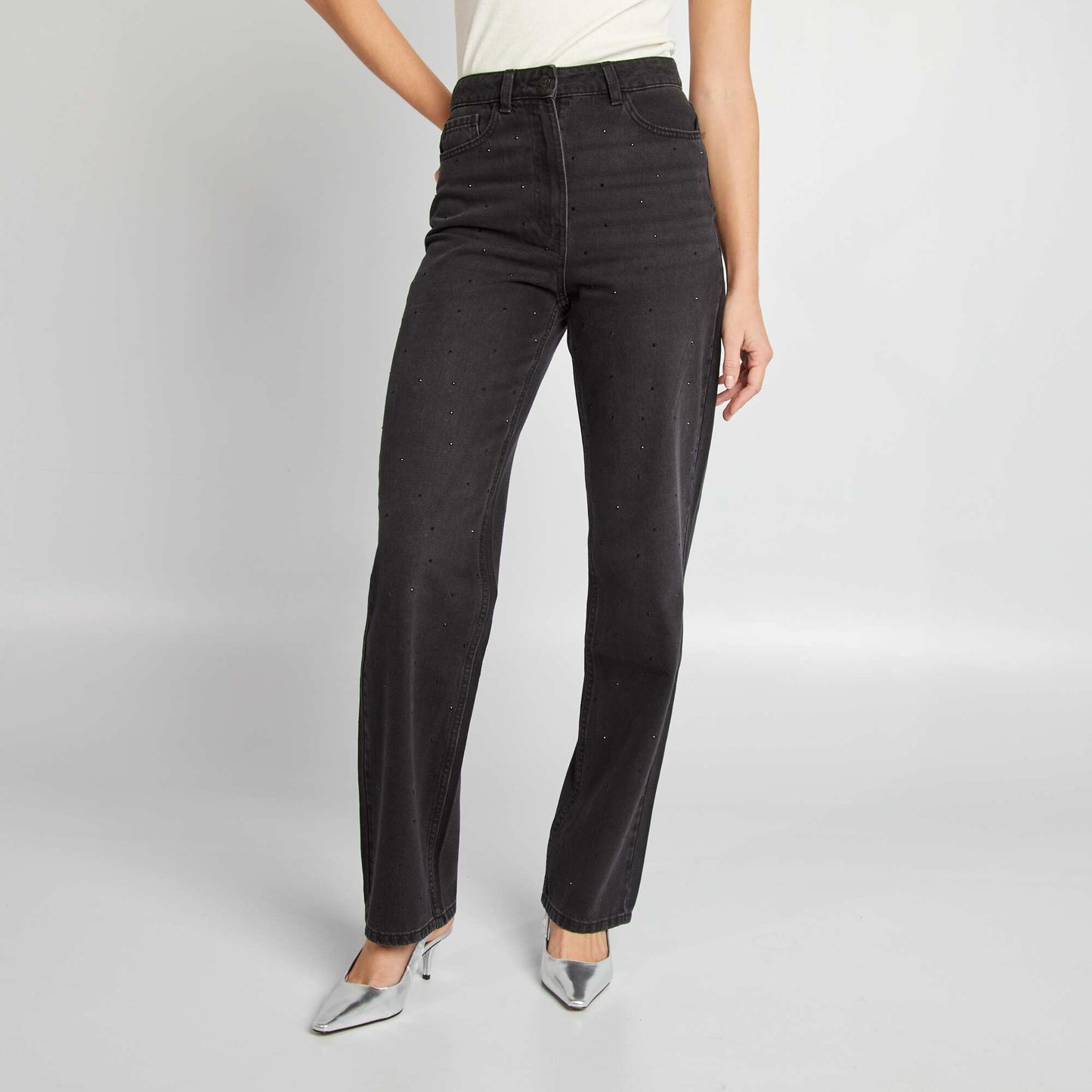 Straight high-waist trousers with diamantés - L32 GREY