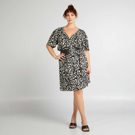 Patterned crepe wrap dress BLACK