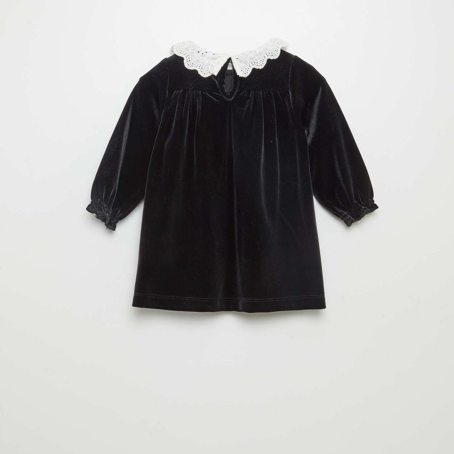 Velour dress with broderie anglaise collar black