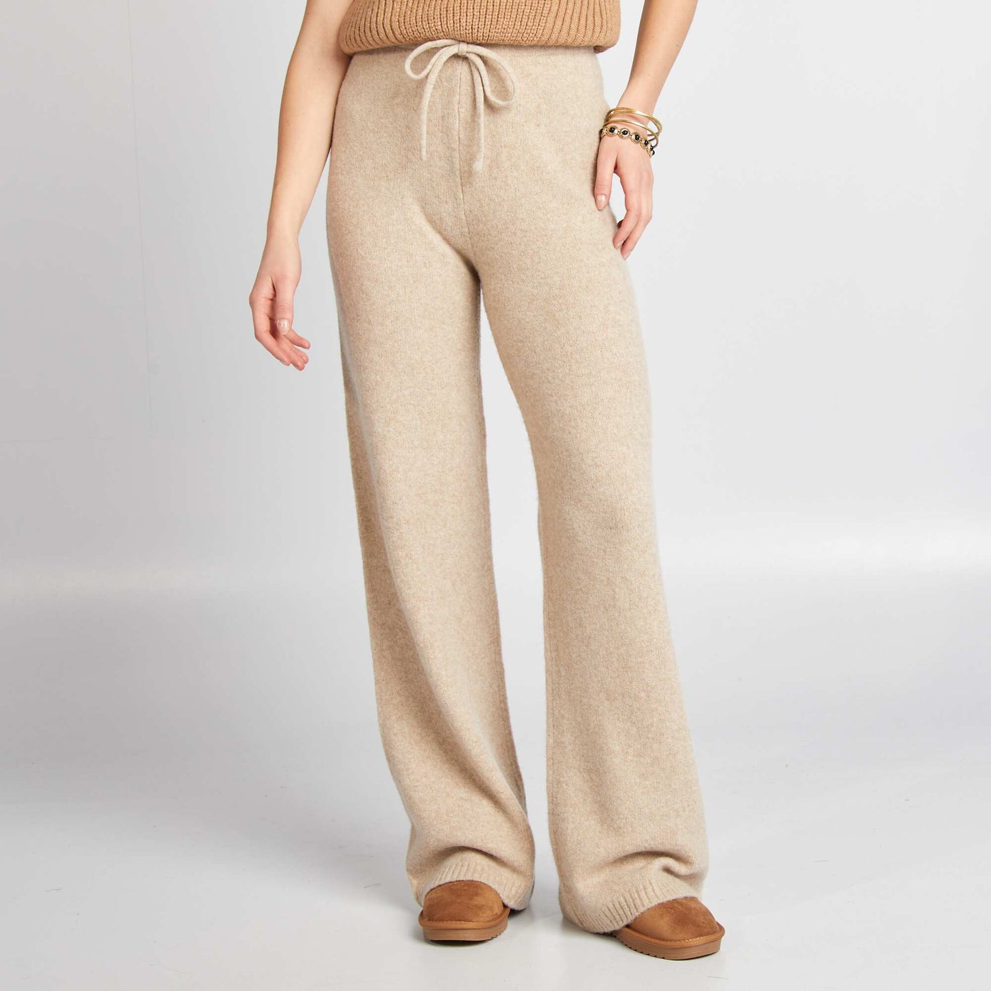 Wide-leg sweater fabric trousers BEIGE