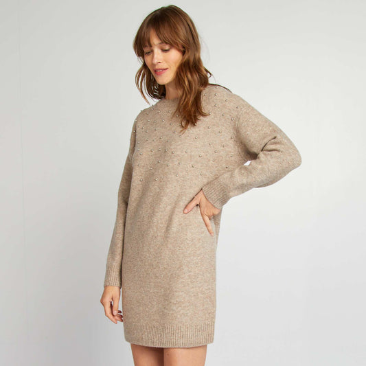 Knit sweater dress with beads BEIGE