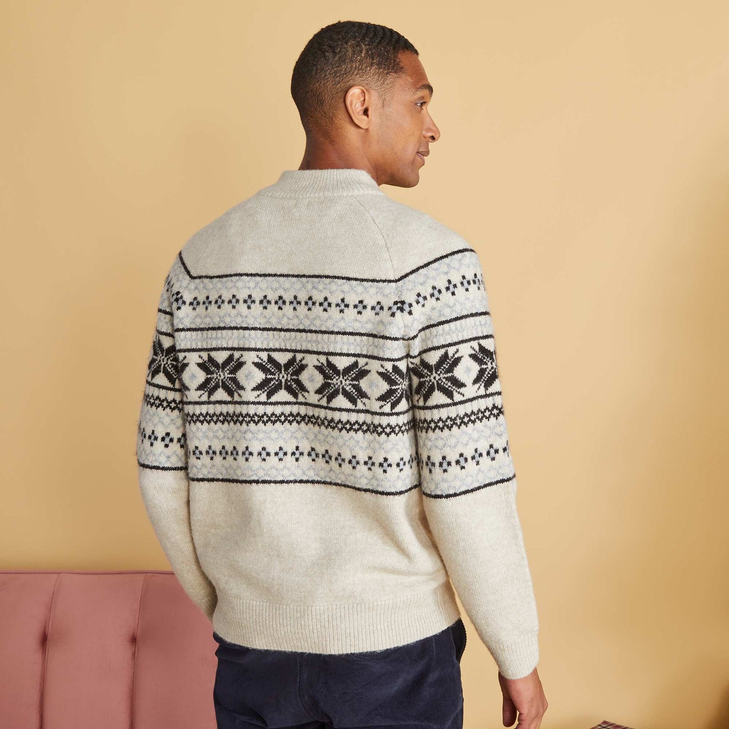 Jacquard knit sweater with zip-up high neck WHITE