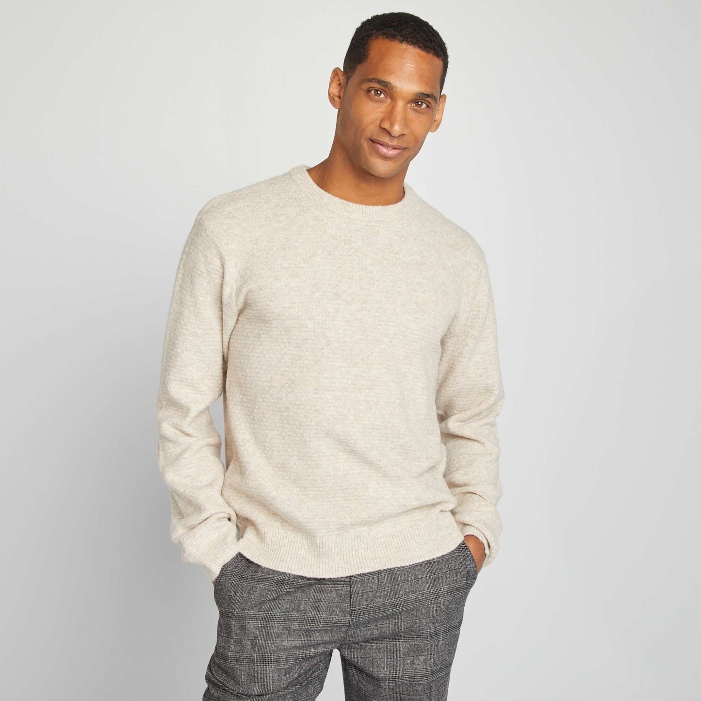 Round-neck knit sweater BEIGE