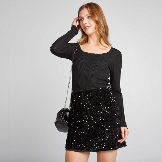 Straight velour skirt with sequins black