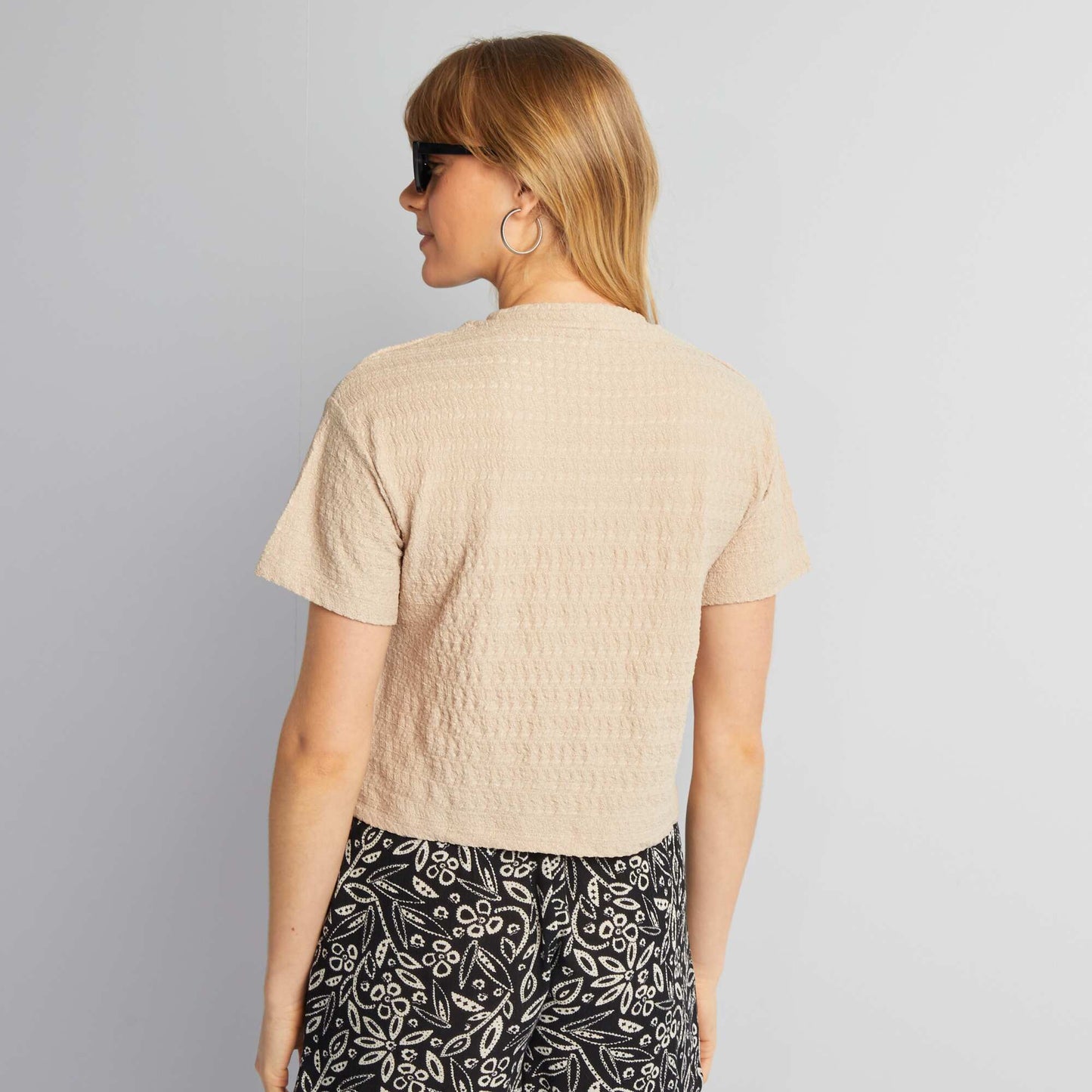 Waffle-knit stretch T-shirt BEIGE