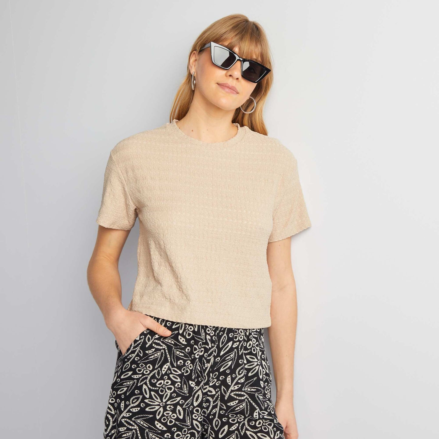 Waffle-knit stretch T-shirt BEIGE