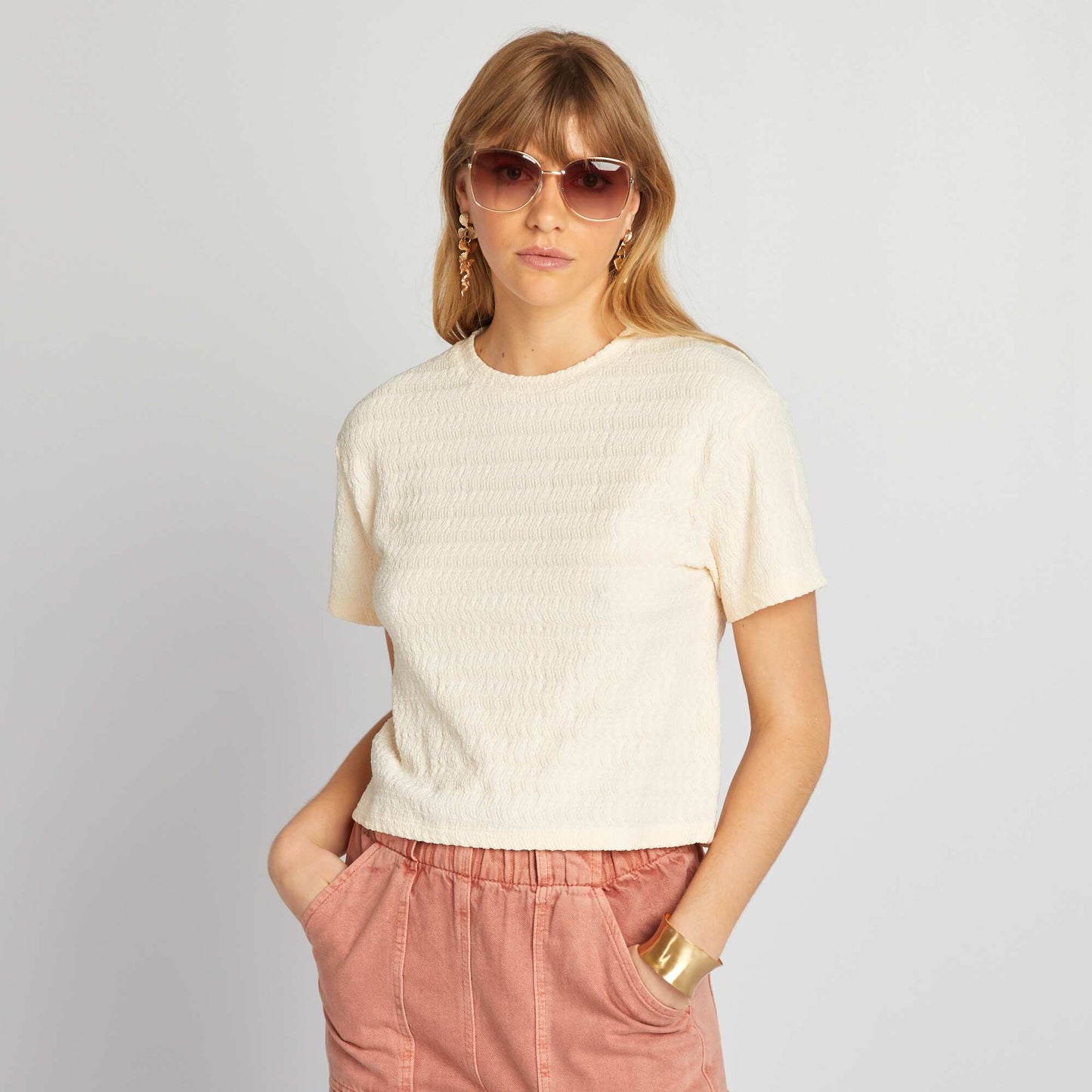 Waffle-knit stretch T-shirt WHITE