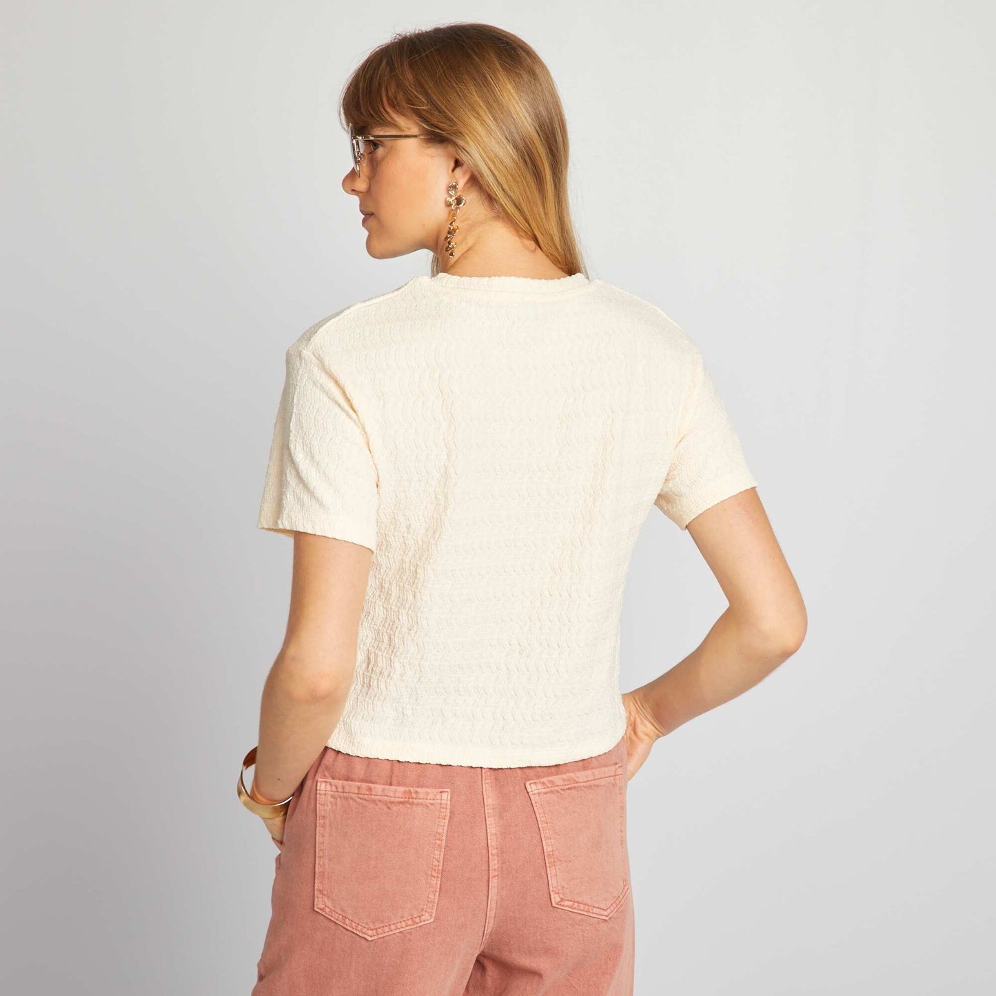 Waffle-knit stretch T-shirt WHITE