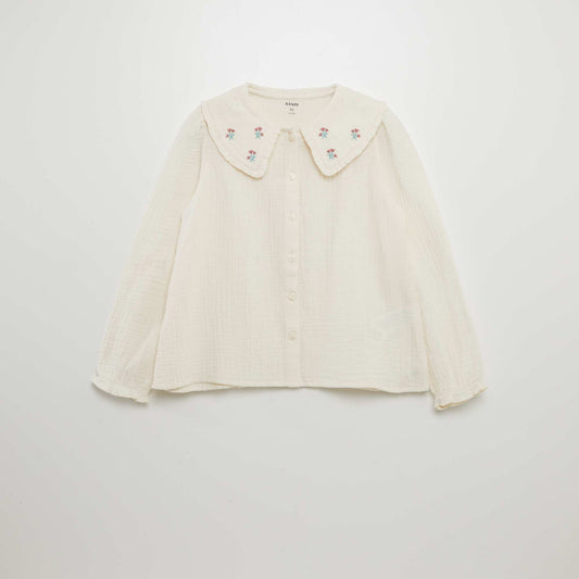 Double cotton gauze shirt with Peter Pan collar BEIGE