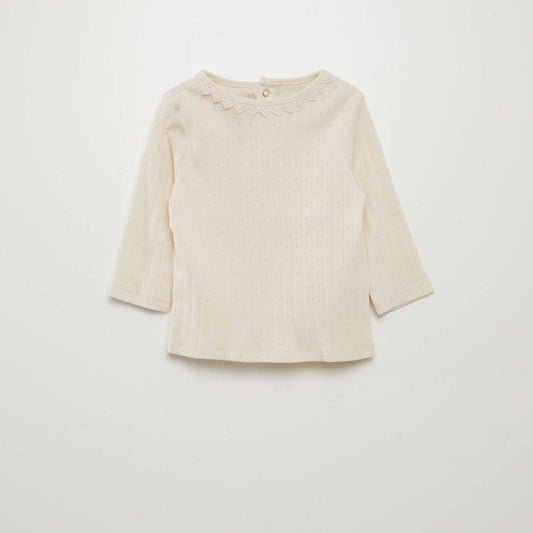 Pointelle knit long-sleeved T-shirt WHITE