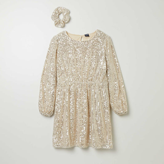 Sequined dress with matching scrunchie BEIGE