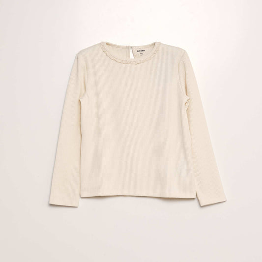 Ribbed T-shirt with embroidered neckline BEIGE