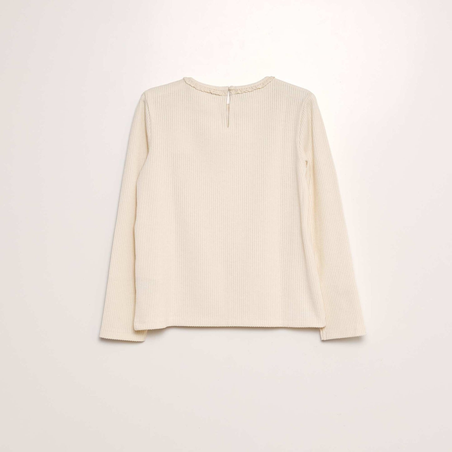 Ribbed T-shirt with embroidered neckline BEIGE