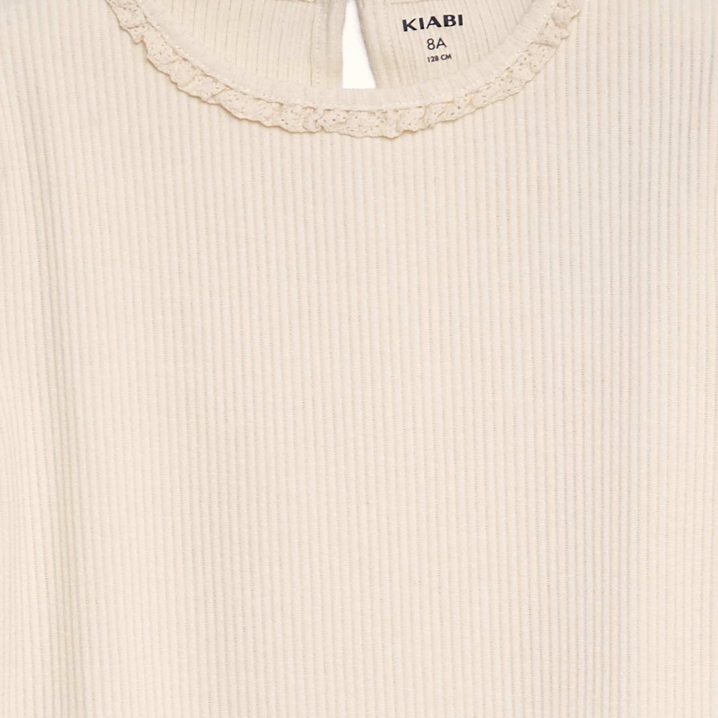 Ribbed T-shirt with embroidered neckline BEIGE