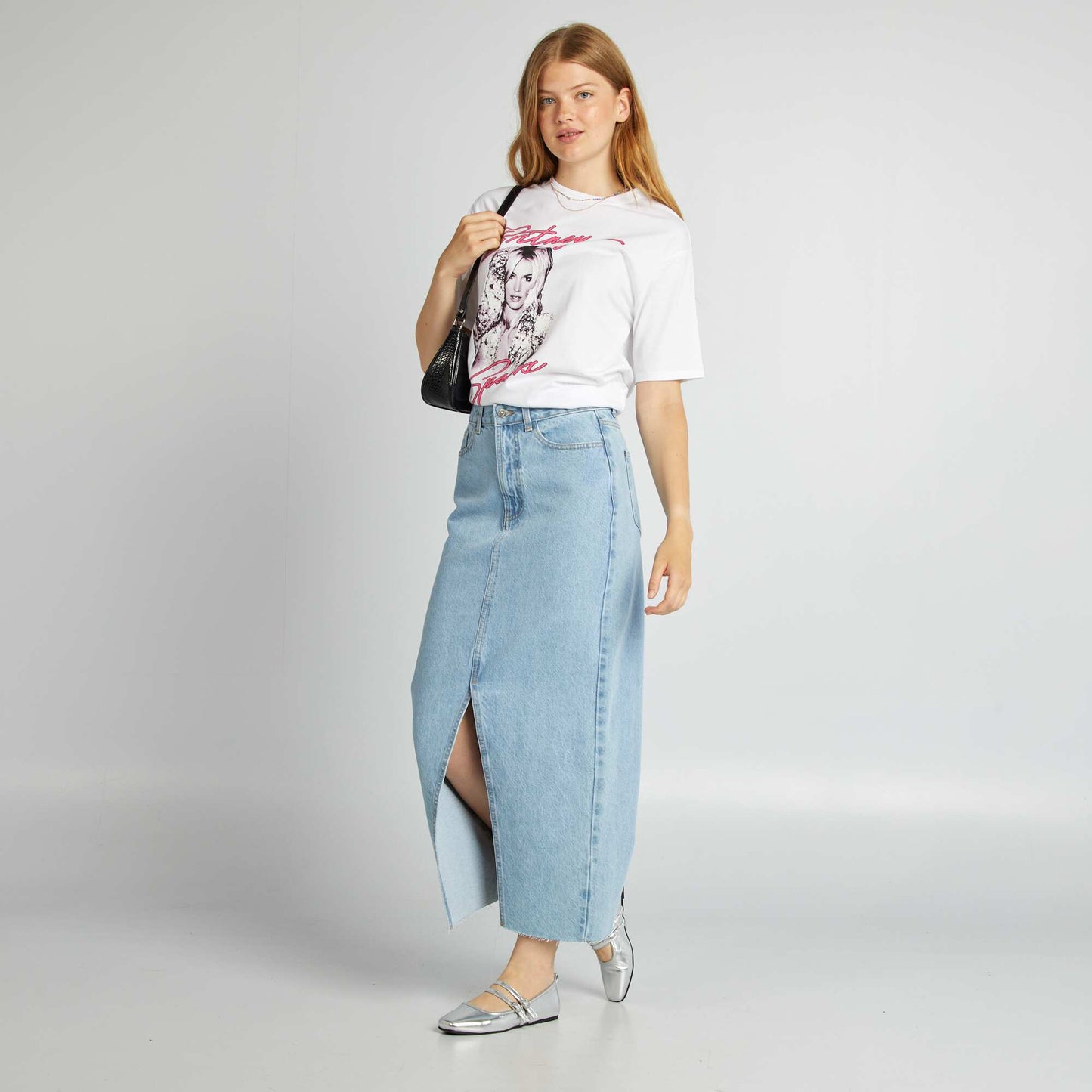 Long denim skirt with slit BLUE