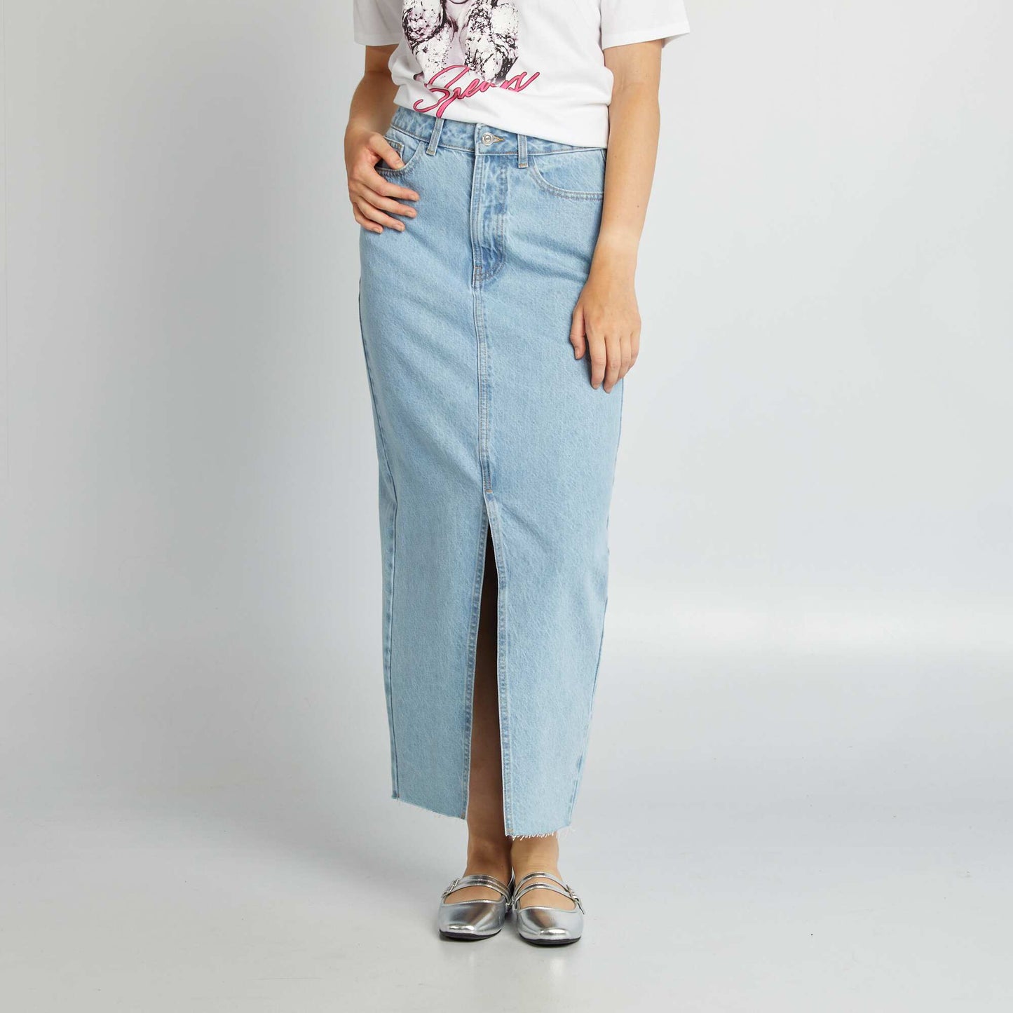 Long denim skirt with slit BLUE