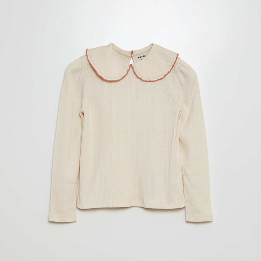 Ribbed T-shirt with Peter Pan collar WHITE