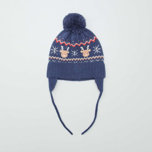 Christmas print pompom hat BLUE