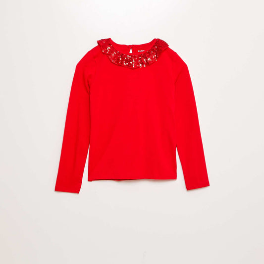 T-shirt with sequined tulle neckline RED