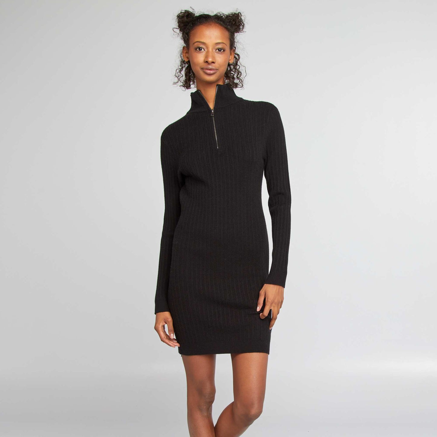 Form-fitting sweater dress with zip-up neck black