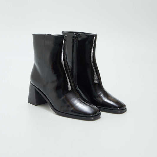 Patent heeled ankle boots black