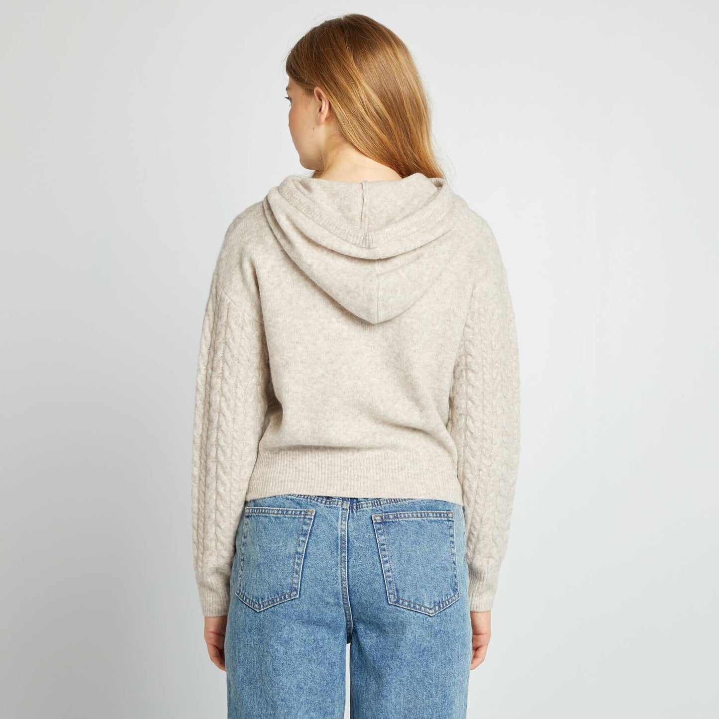 Hooded cable knit sweater BEIGE