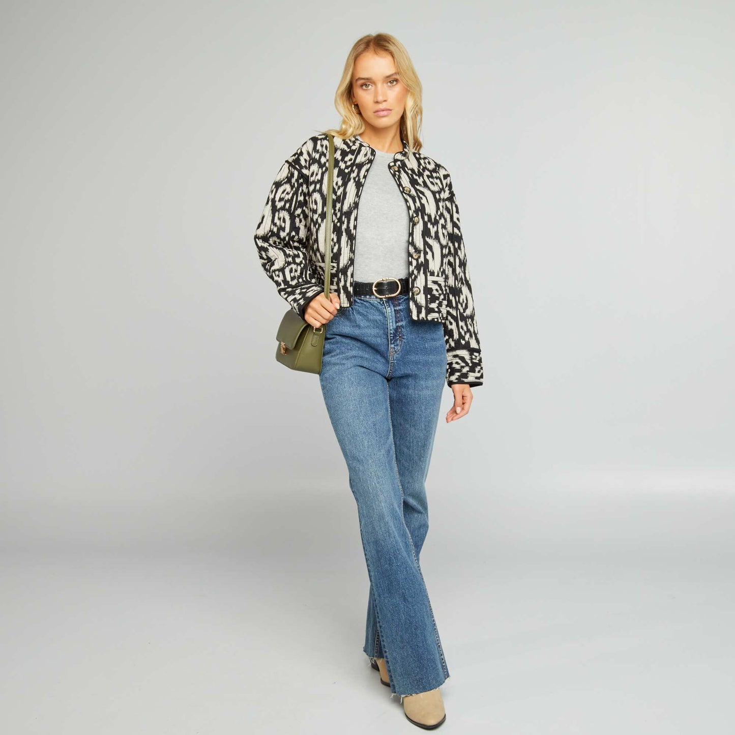 Cropped quilted ikat print jacket BLUE