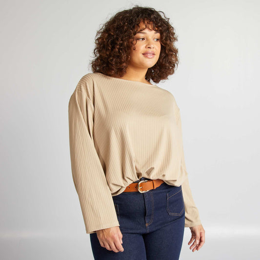 Ribbed T-shirt with long sleeves BEIGE