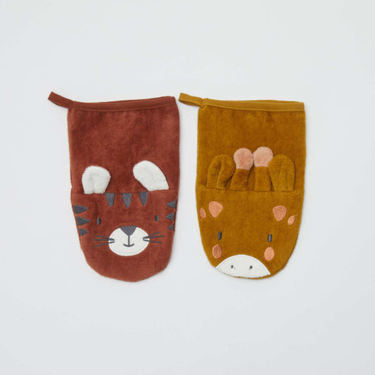 Pack of 2 patterned wash mitts BROWN