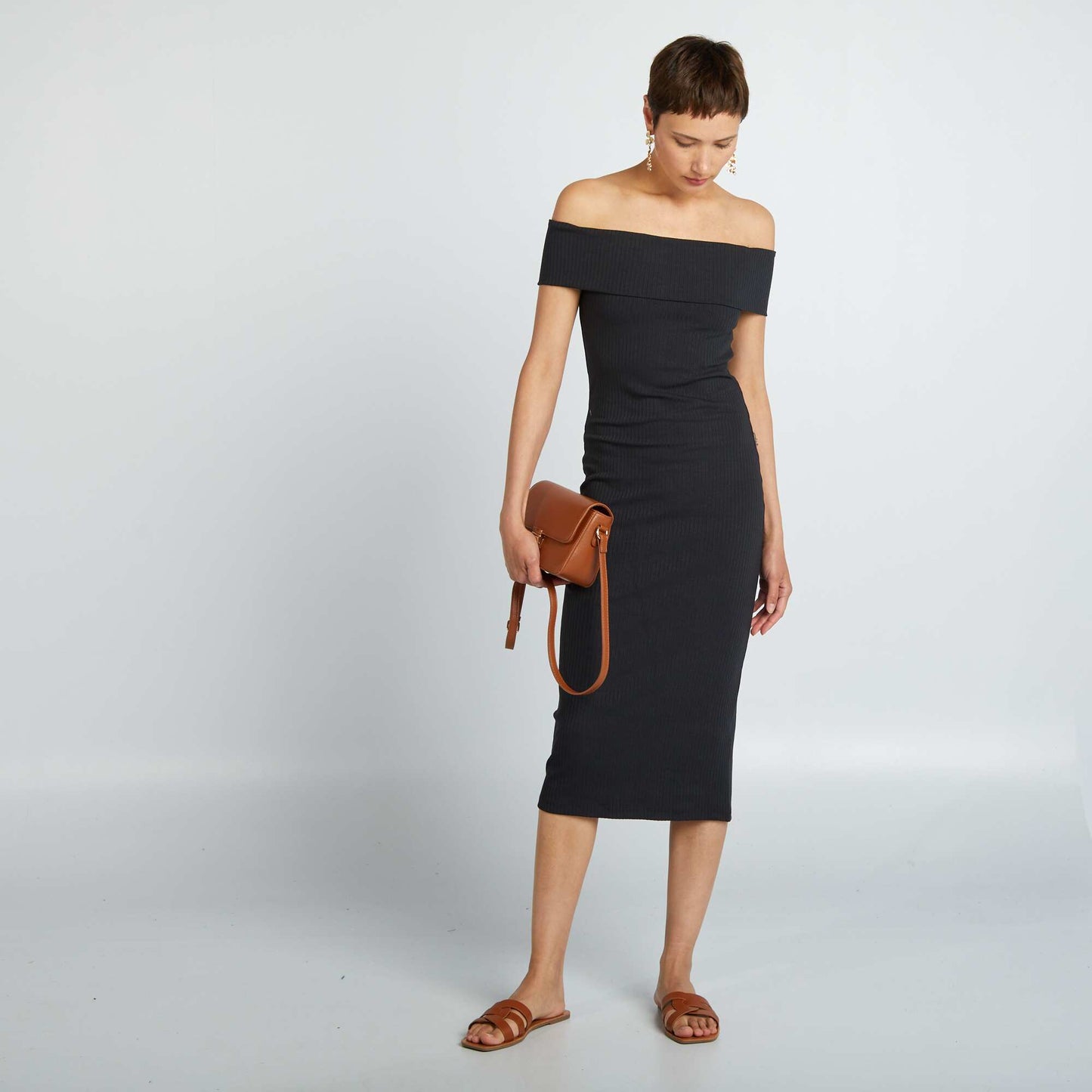 Form-fitting ribbed knit dress with Bardot neckline black