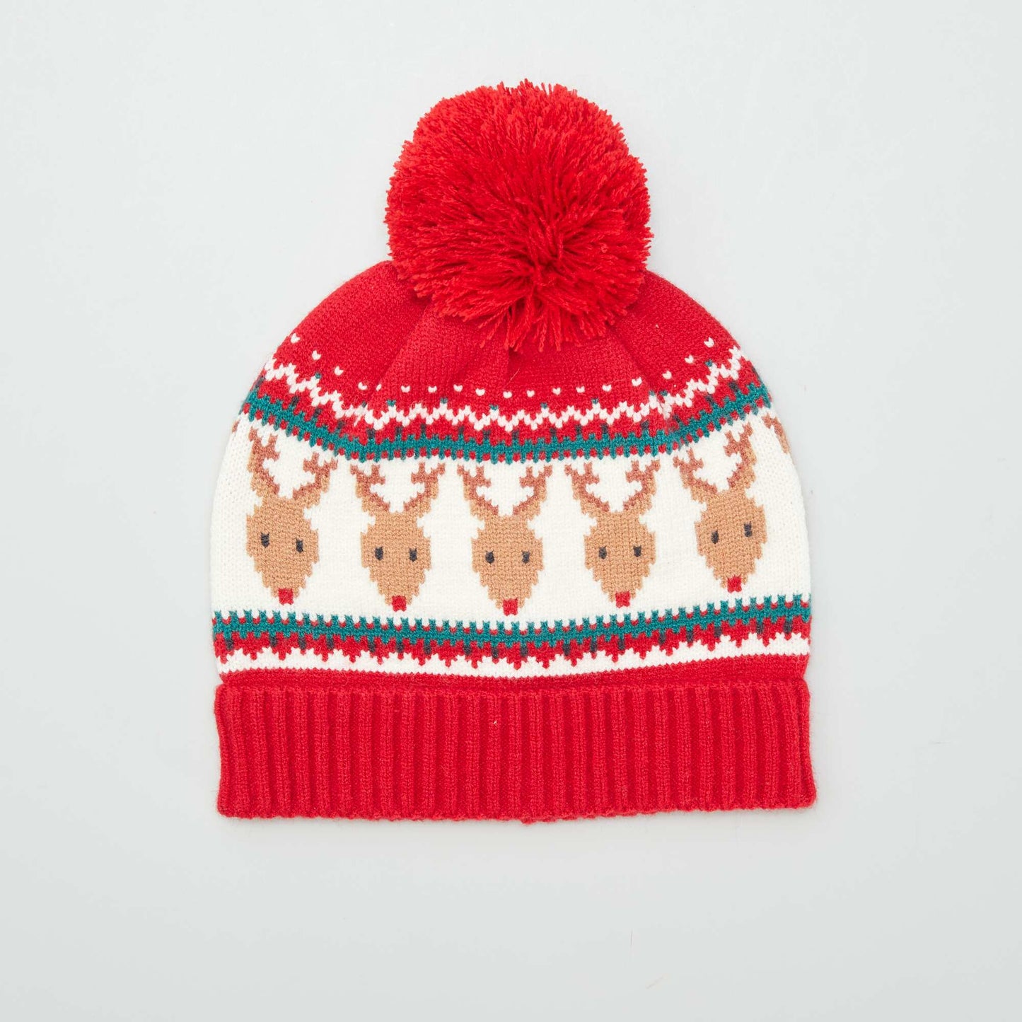 'Christmas' bobble hat with Christmas reindeer pattern RED