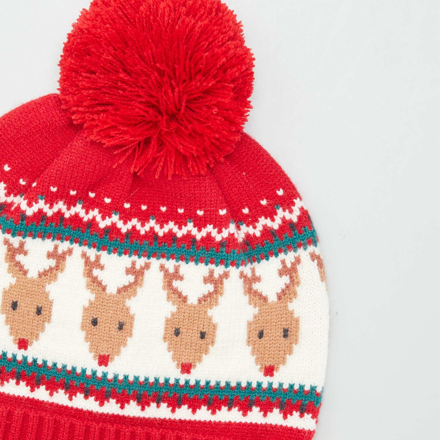 'Christmas' bobble hat with Christmas reindeer pattern RED