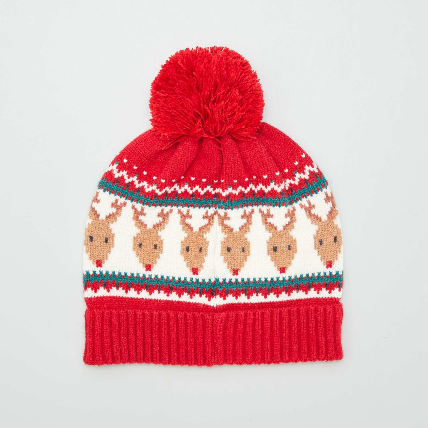 'Christmas' bobble hat with Christmas reindeer pattern RED