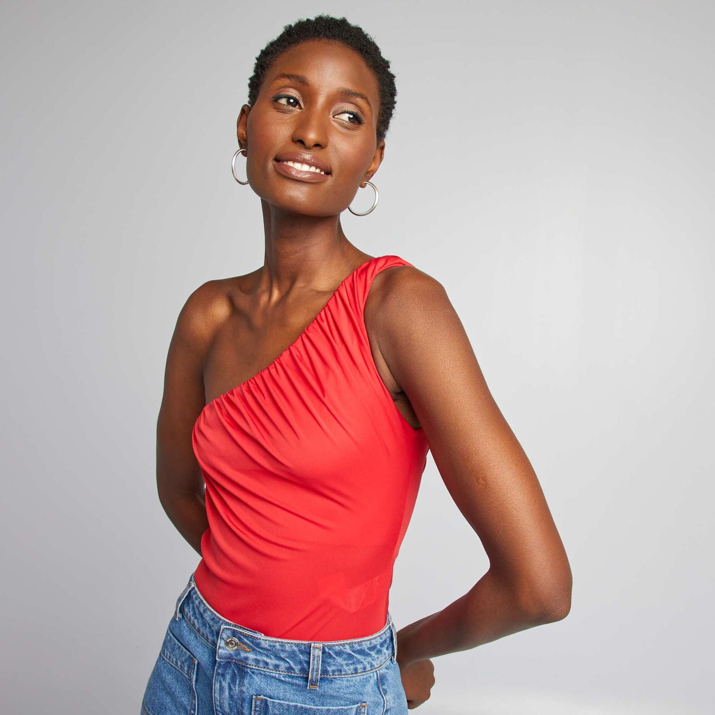 Asymmetric pleated bodysuit red